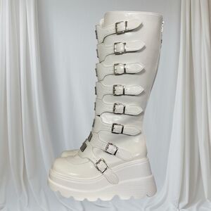 Women's Chunky Silver White Platform Knee High Buckle Boots Size US 10.5